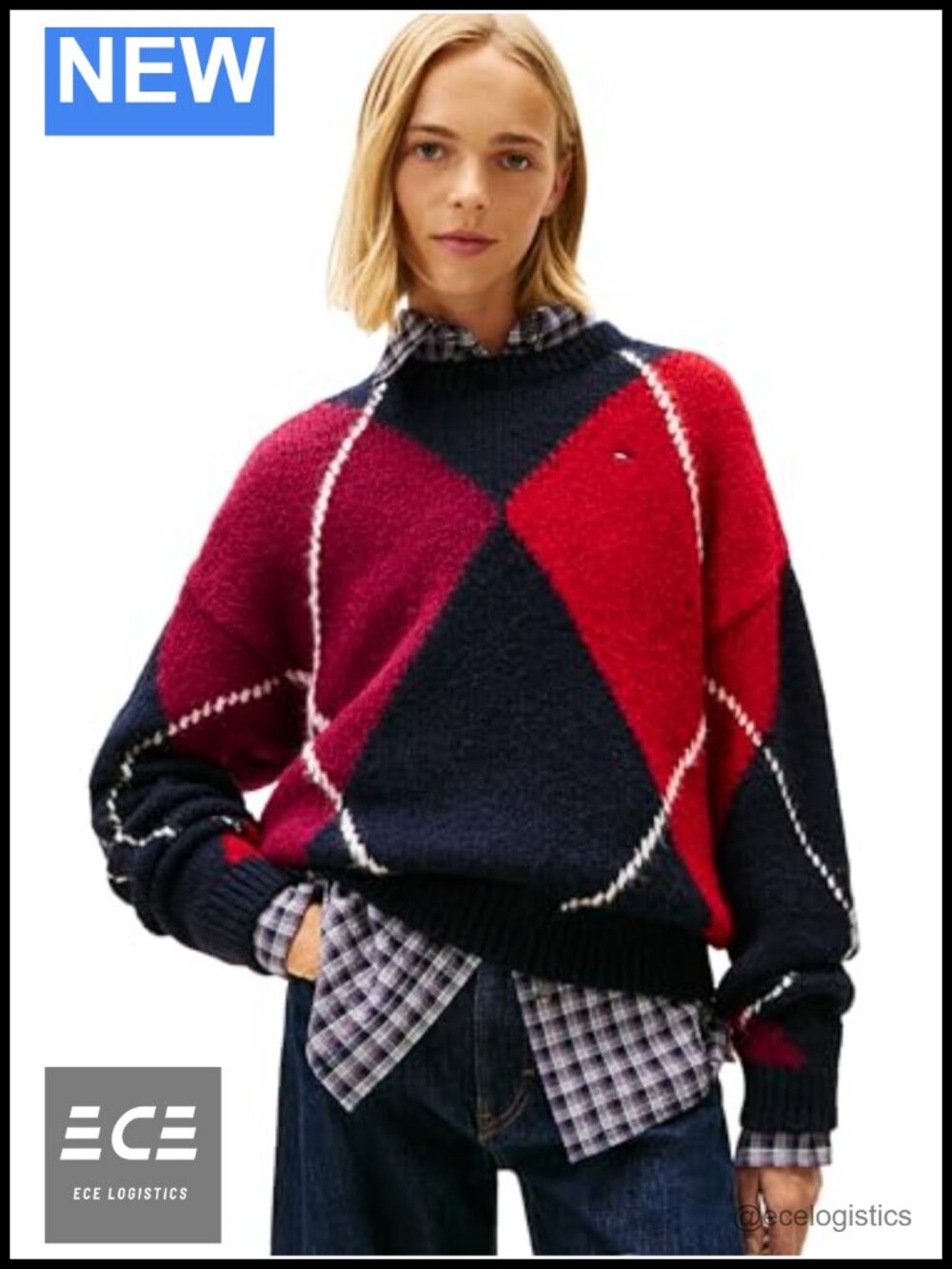 Alpaca Blend Long Sleeve Argyle Pullover Crewneck Sweater Embroidered